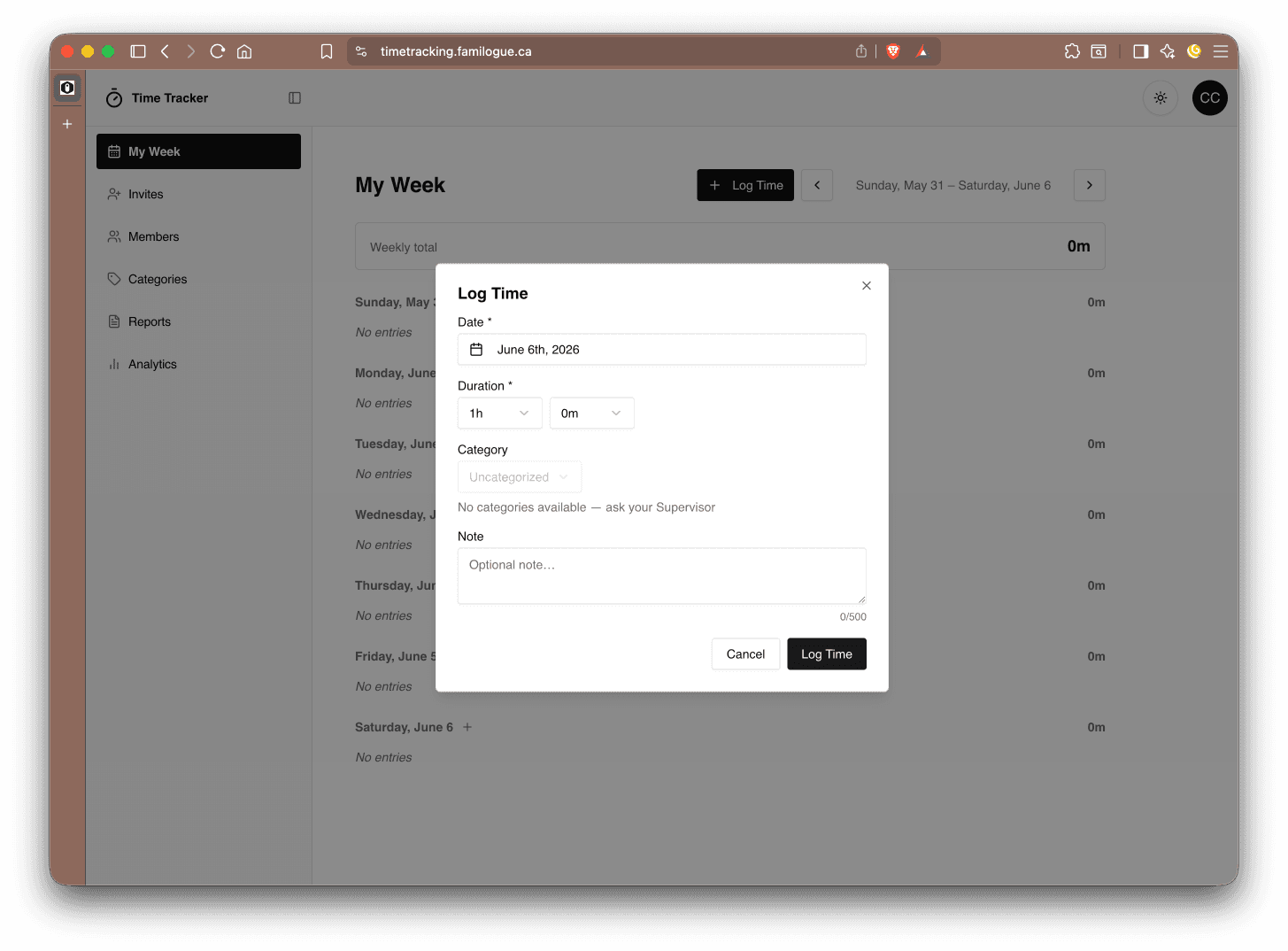 Time entry dialog for logging hours and minutes with category selection