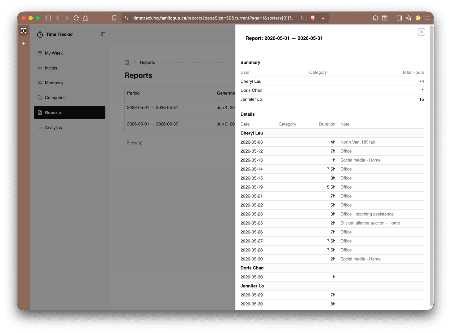 Generated report details showing locked entries and CSV export