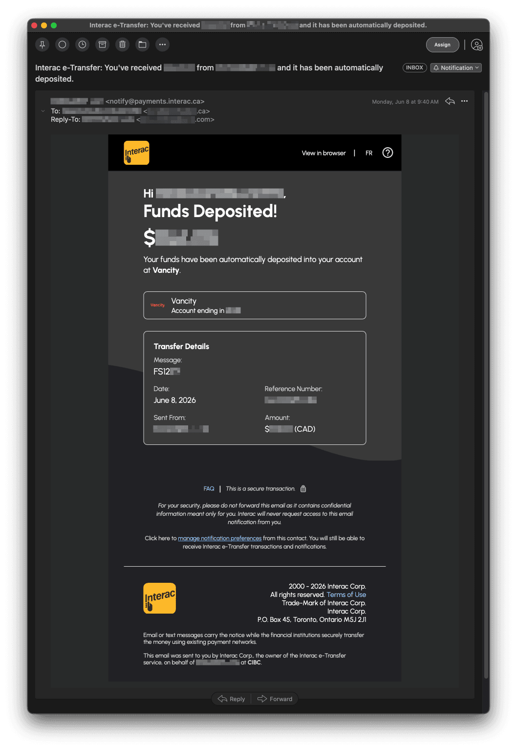 Interac e-Transfer deposit notification email showing the Funds Deposited message, sender name, amount, and customer order reference number in the Message field